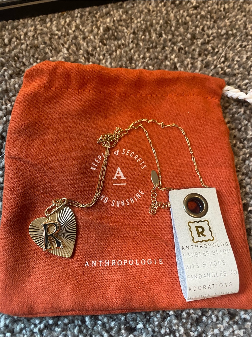 Anthropologie Gold Heart 'R' Initial Pendant Necklace